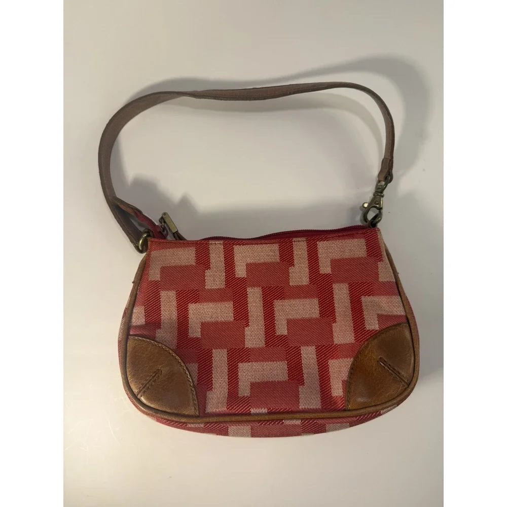 Y2K Vintage Nine West Cloth Handbag Geometric Red Pink Tan Leather Trim Small